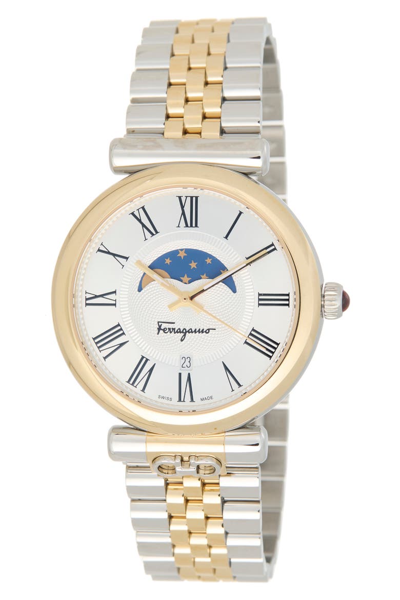 Ora Moonphase Two-Tone Bracelet Watch, 40mm, Alternate, color, WHITE/ TWO TONE