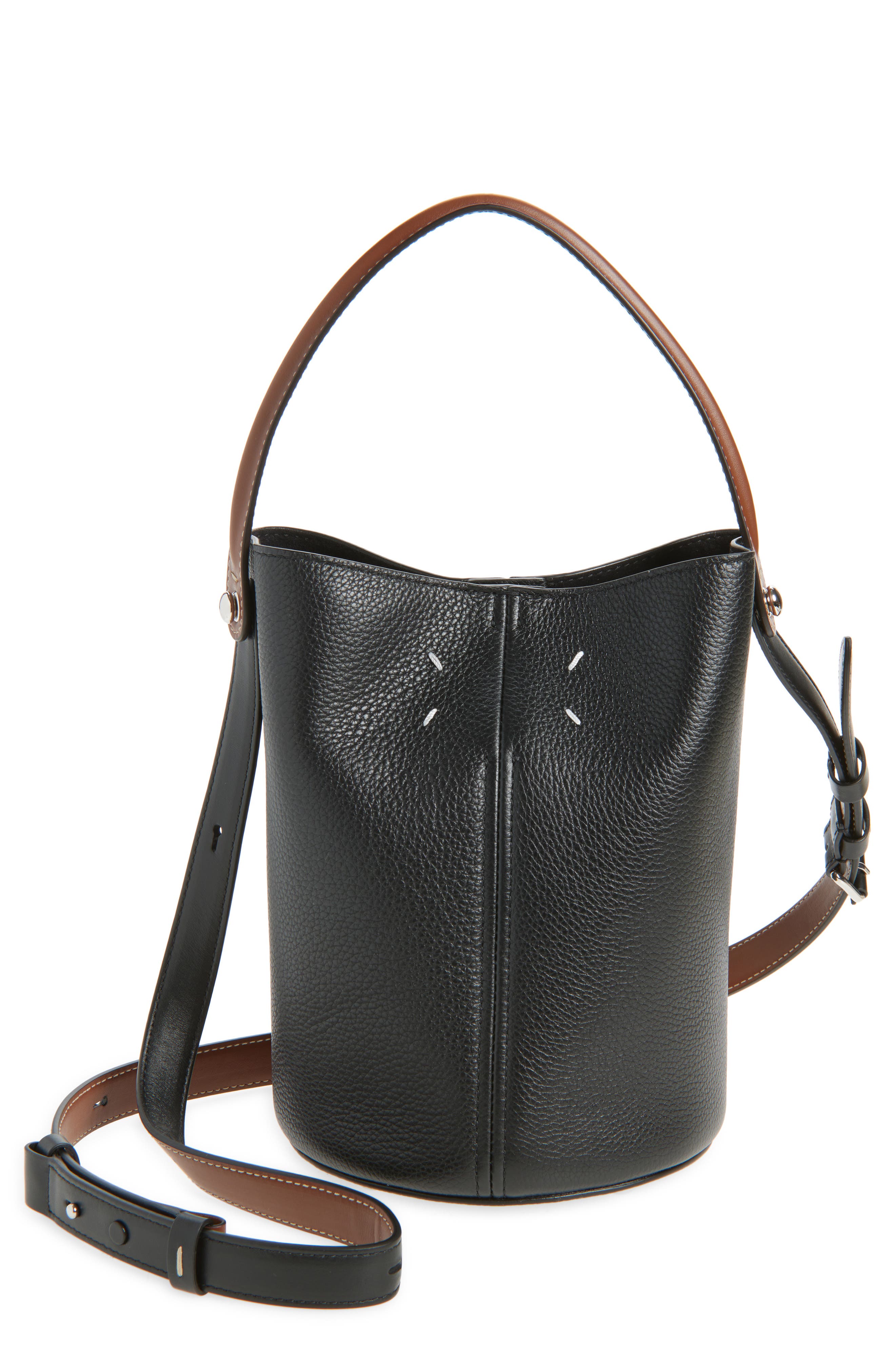 Maison Margiela Dress-Age Leather Bucket Bag, Main, color, Black/ Chestnut/ Black