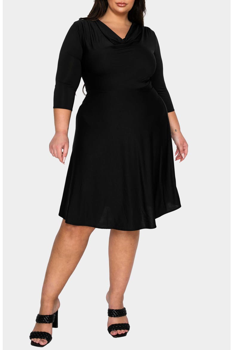 Amoretti Cowl Neck Flare Dress, Alternate, color, BLACK