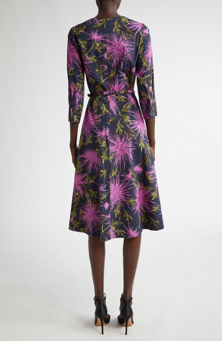 Oscar de la Renta Floral Belted Split Neck Stretch Cotton Dress, Alternate, color,