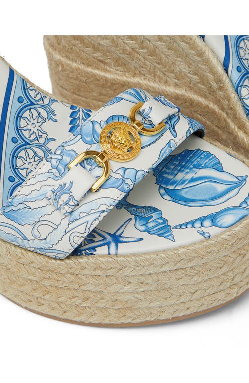 Versace Embellished Printed Leather Espadrille Wedge Sandals In Blue