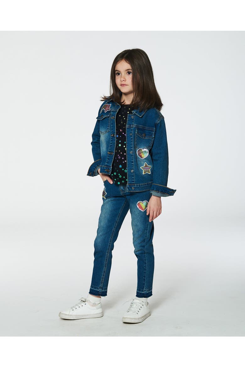 Little Girl's Denim Jacket With Embroidery Patch, Alternate, color, Navy Denim