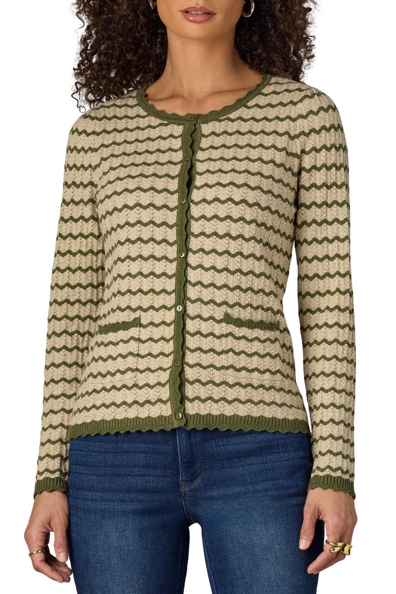 Stripe Round Neck Cardigan, Main, color, OAT/ NORI GREEN