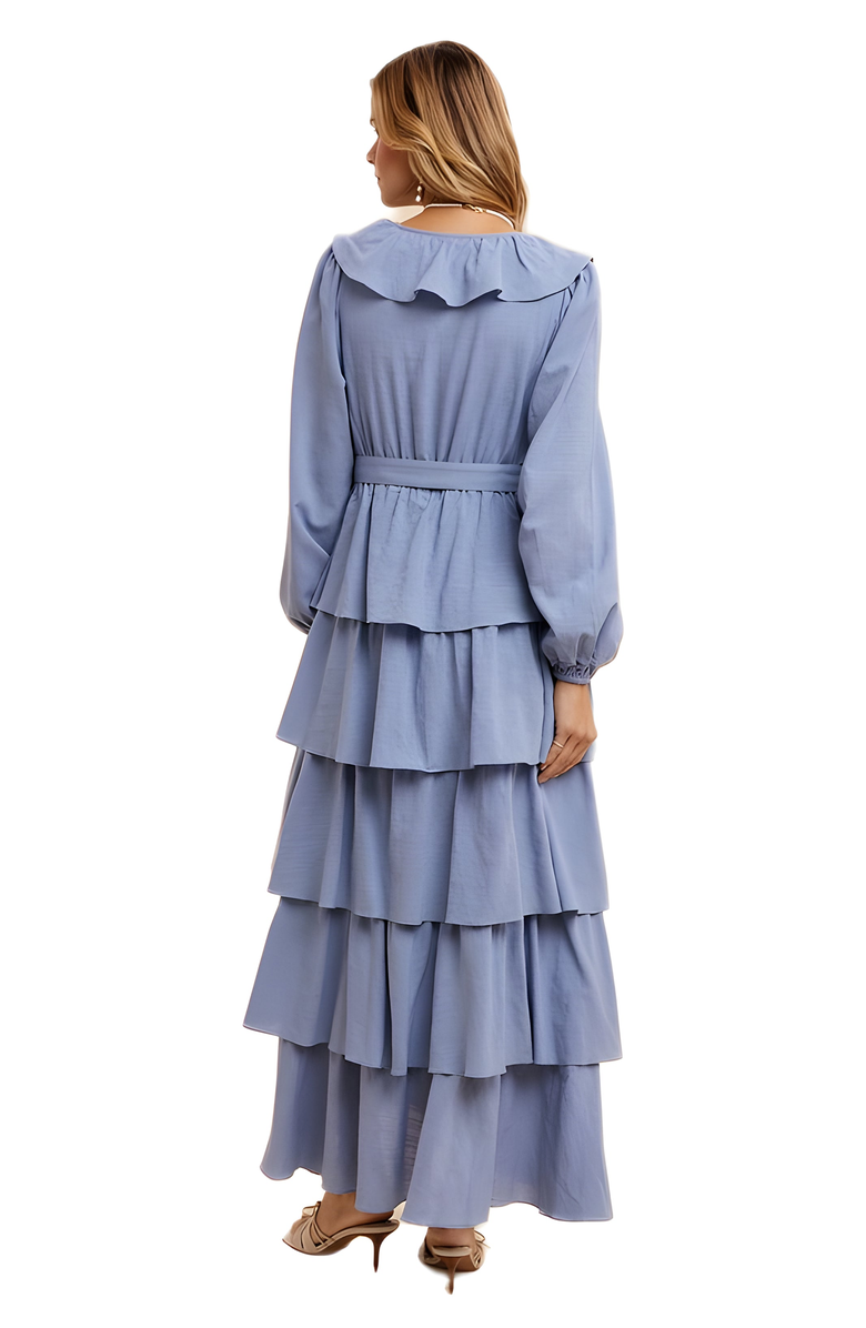 Knit and Lounge Tiered Ruffle Wrap Maxi Dress with Long Sleeves and Tie Waist, Alternate, color, Light Blue