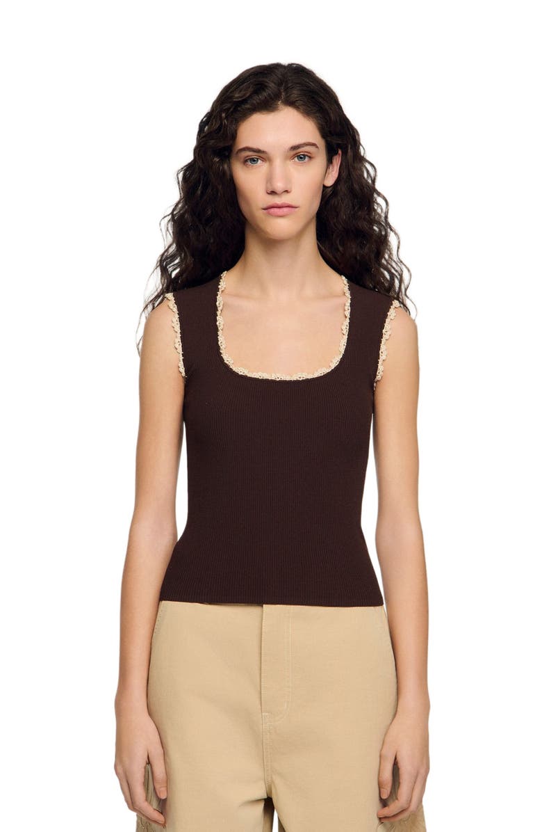 SANDRO Crochet detail knit top, Main, color, Brown