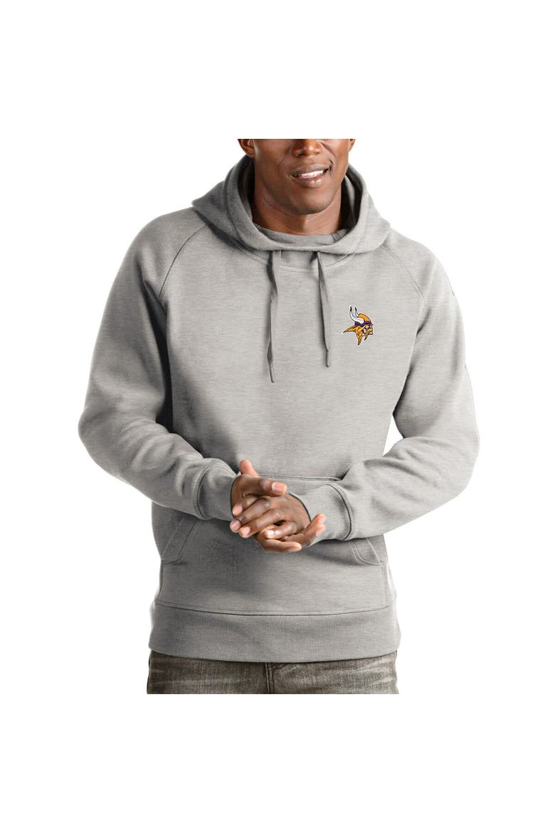 Men's Antigua Heathered Gray Minnesota Vikings Logo Victory Pullover Hoodie, Main, color, Heather Gray