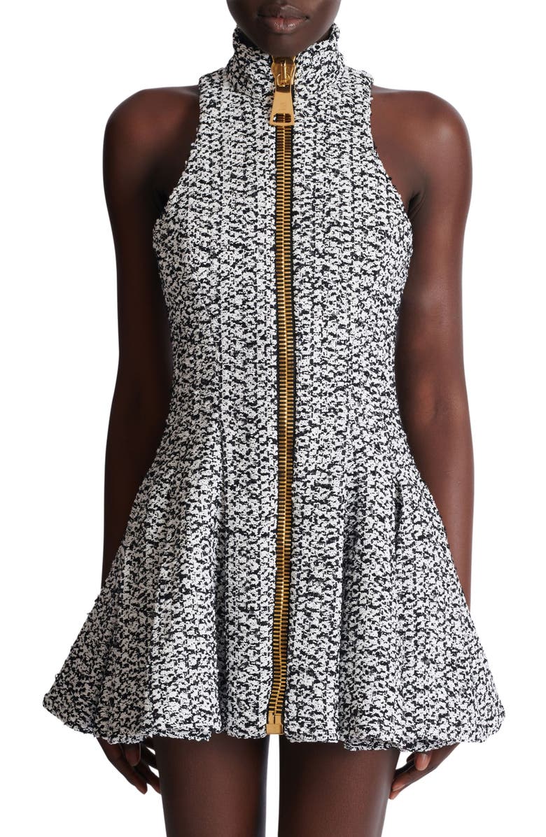 Balmain Sleeveless Flared Tweed Dress, Alternate, color, White