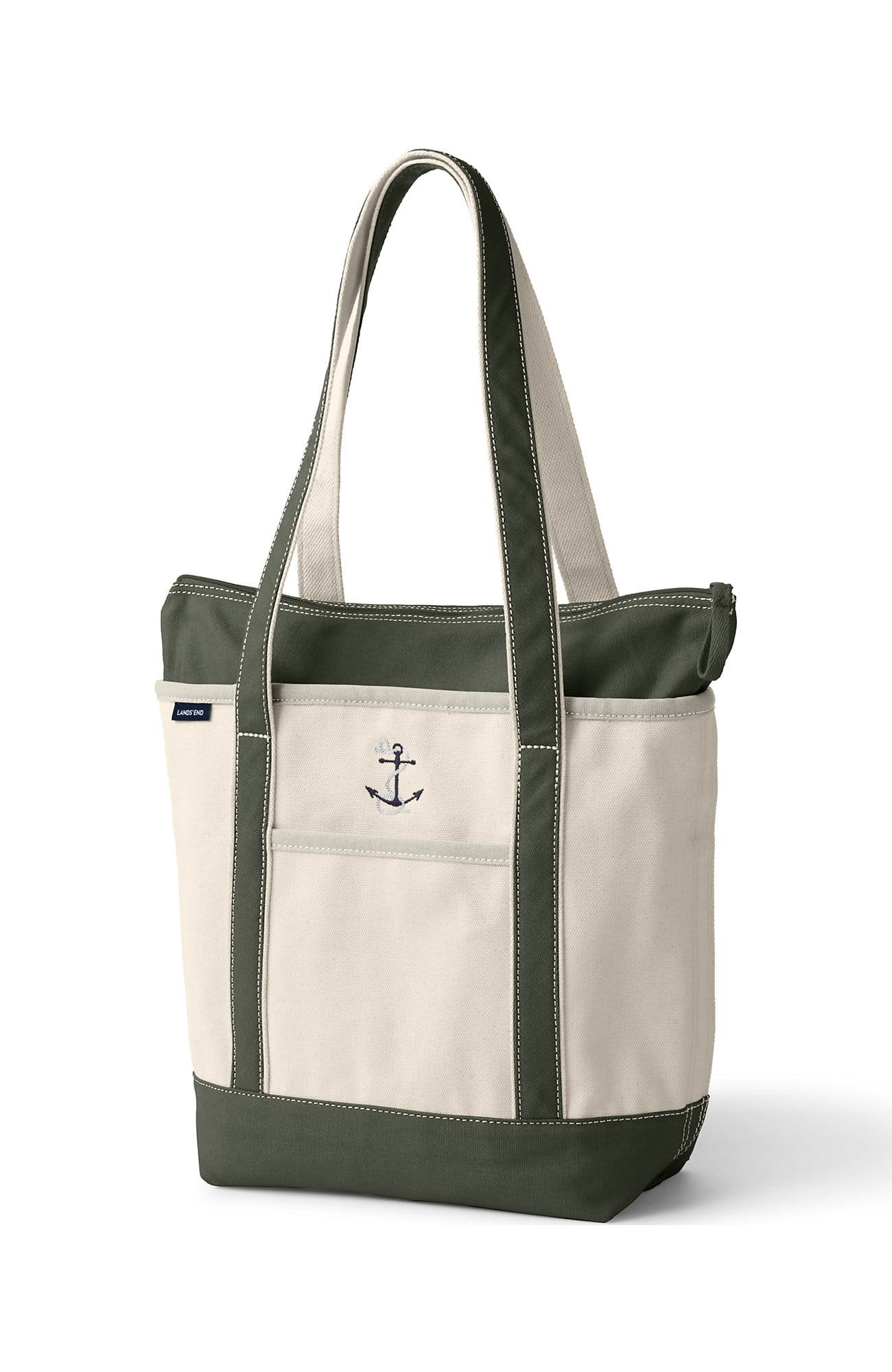 Lands' End Zip Top Long Handle Canvas Tote Bag, Alternate, color, Natural/Dark Olive Green