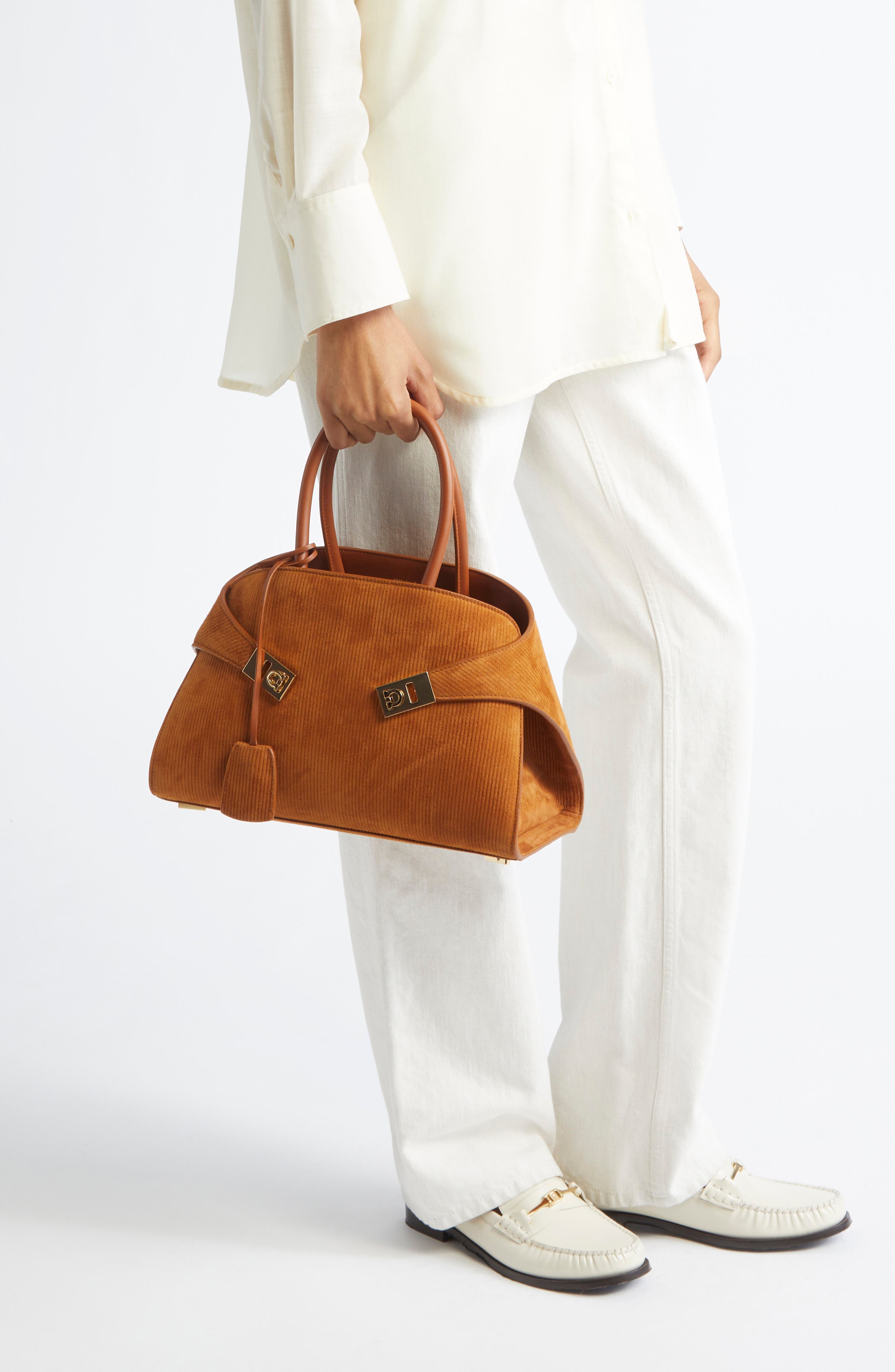 FERRAGAMO Hug Small Suede Top Handle Bag, Alternate, color, Naturale/ Resort