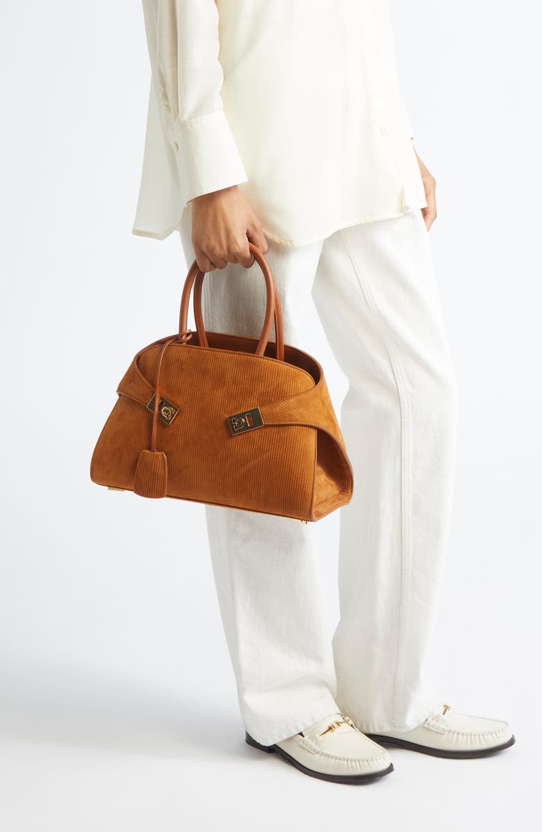 FERRAGAMO Hug Small Suede Top Handle Bag, Alternate, color, Naturale/ Resort