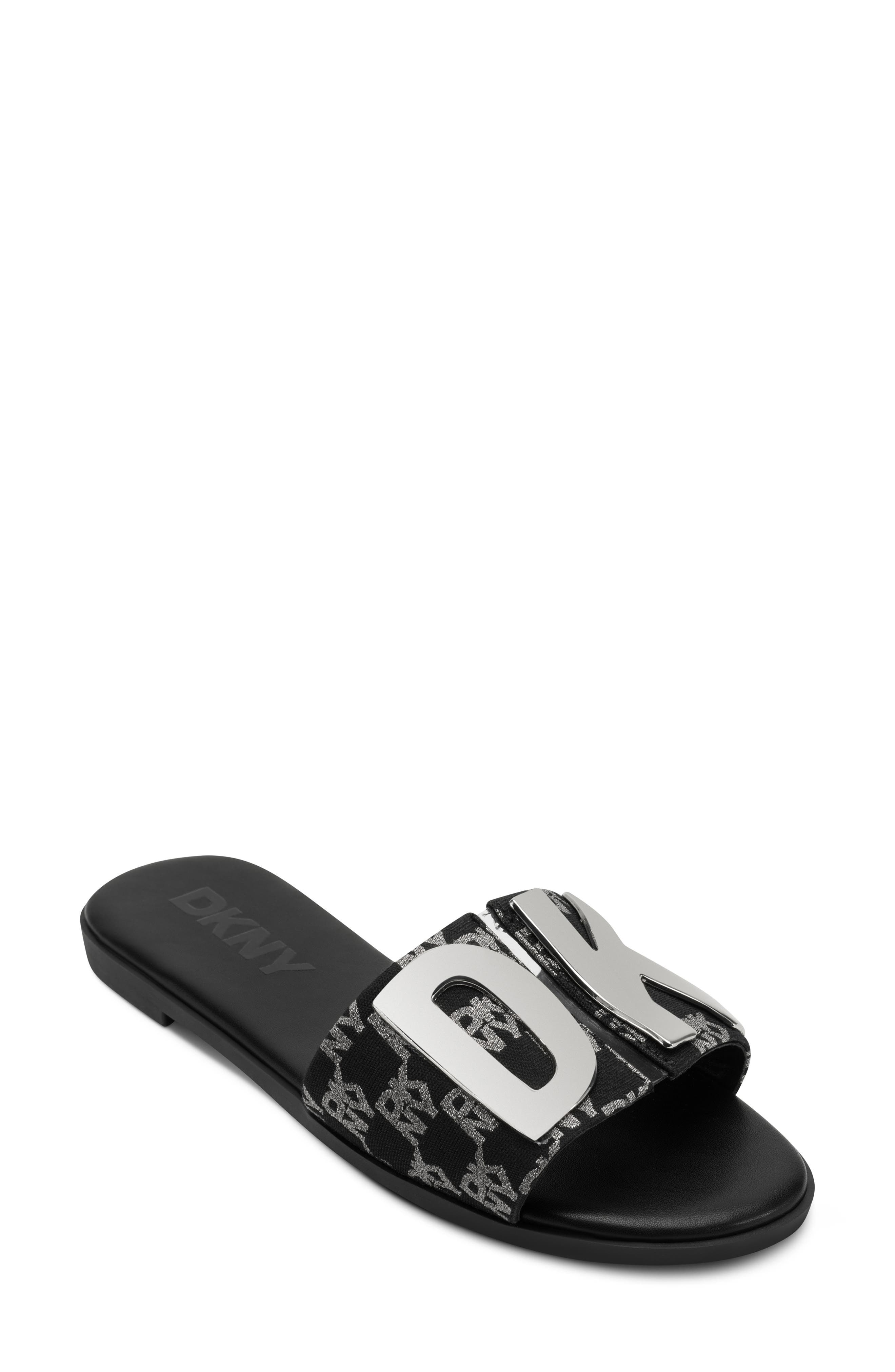 DKNY Waltz Logo Flat Sandal, Main, color, Blk/ Nickel