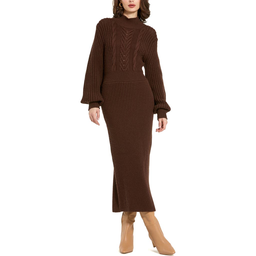 Mac Duggal Long Sleeve Turtle Neck Knit Midi Dress In Chocolate