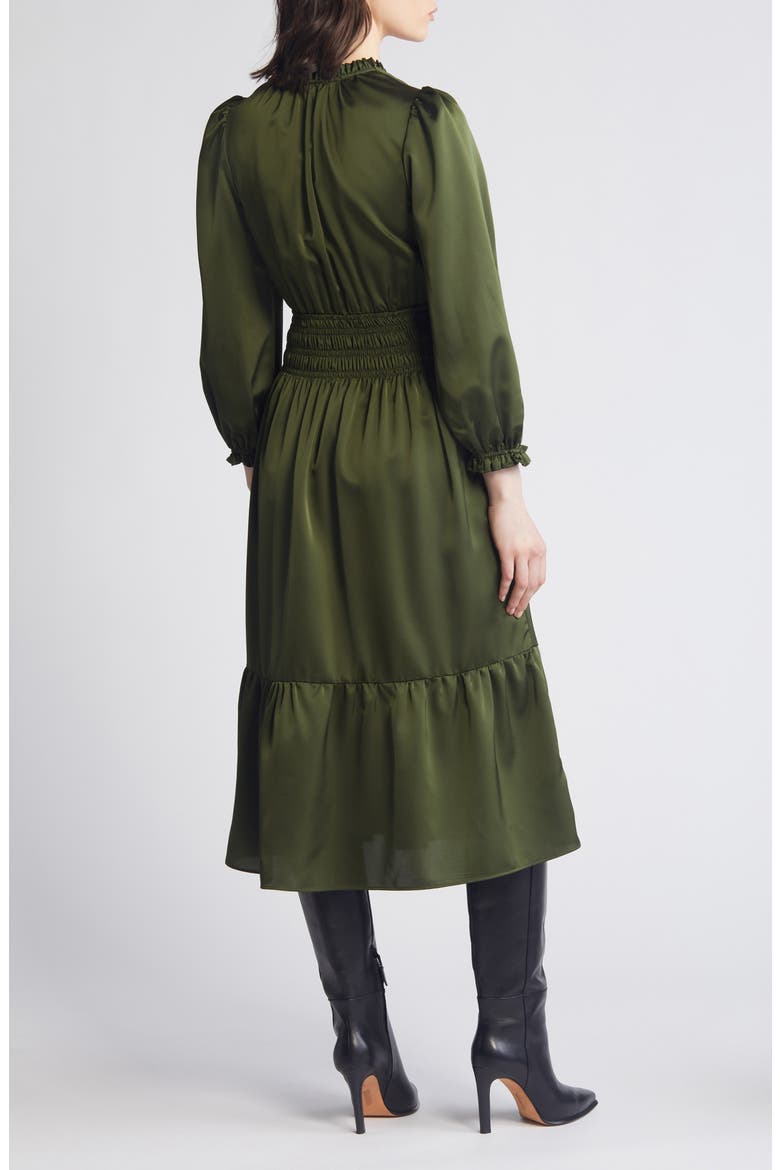 Ruffle Trim Long Sleeve Satin Dress, Alternate, color, OLIVE