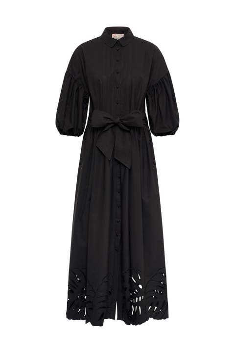 Poplin Dress With Big Leave Embroidery