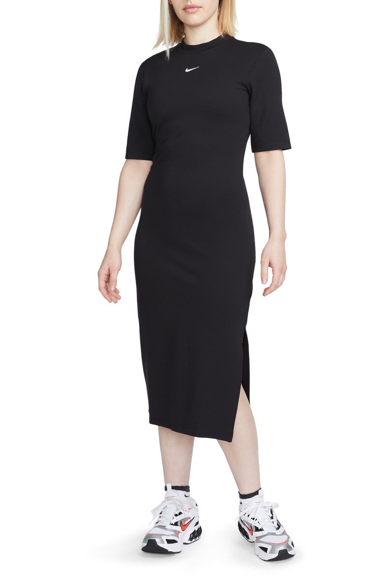 Sportswear Essential Crewneck Midi Dress, Main, color, BLACK/ WHITE
