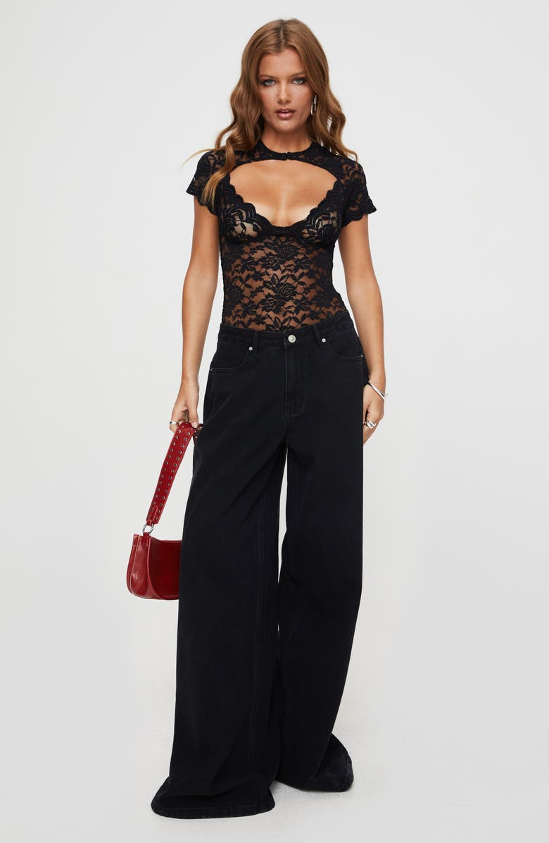 Princess Polly Giallo Cutout Lace Bodysuit, Alternate, color, Black