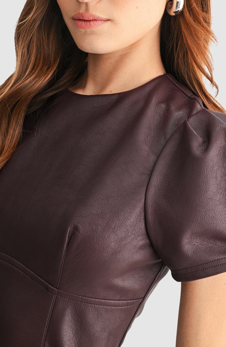 Mila Mae Puff Sleeve Faux Leather A-Line Midi Dress, Alternate, color, Plum