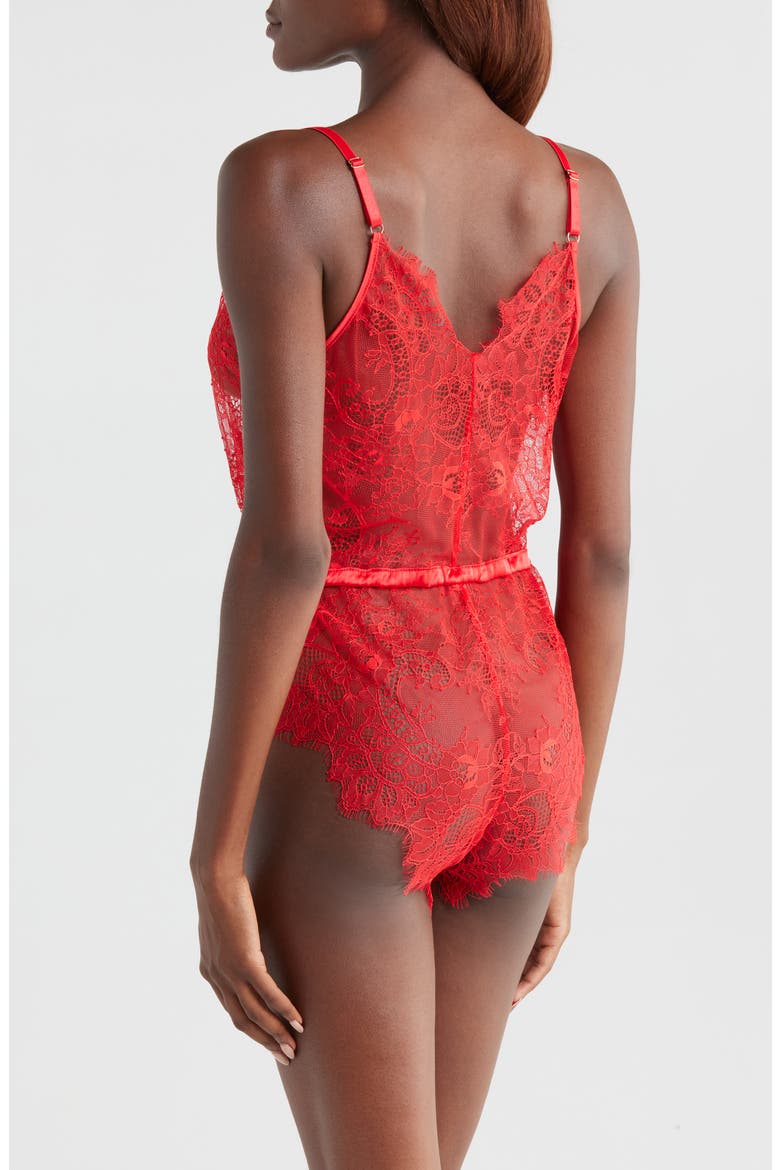 Drawstring Waist Eyelash Lace Teddy, Alternate, color, CLASSIC RED