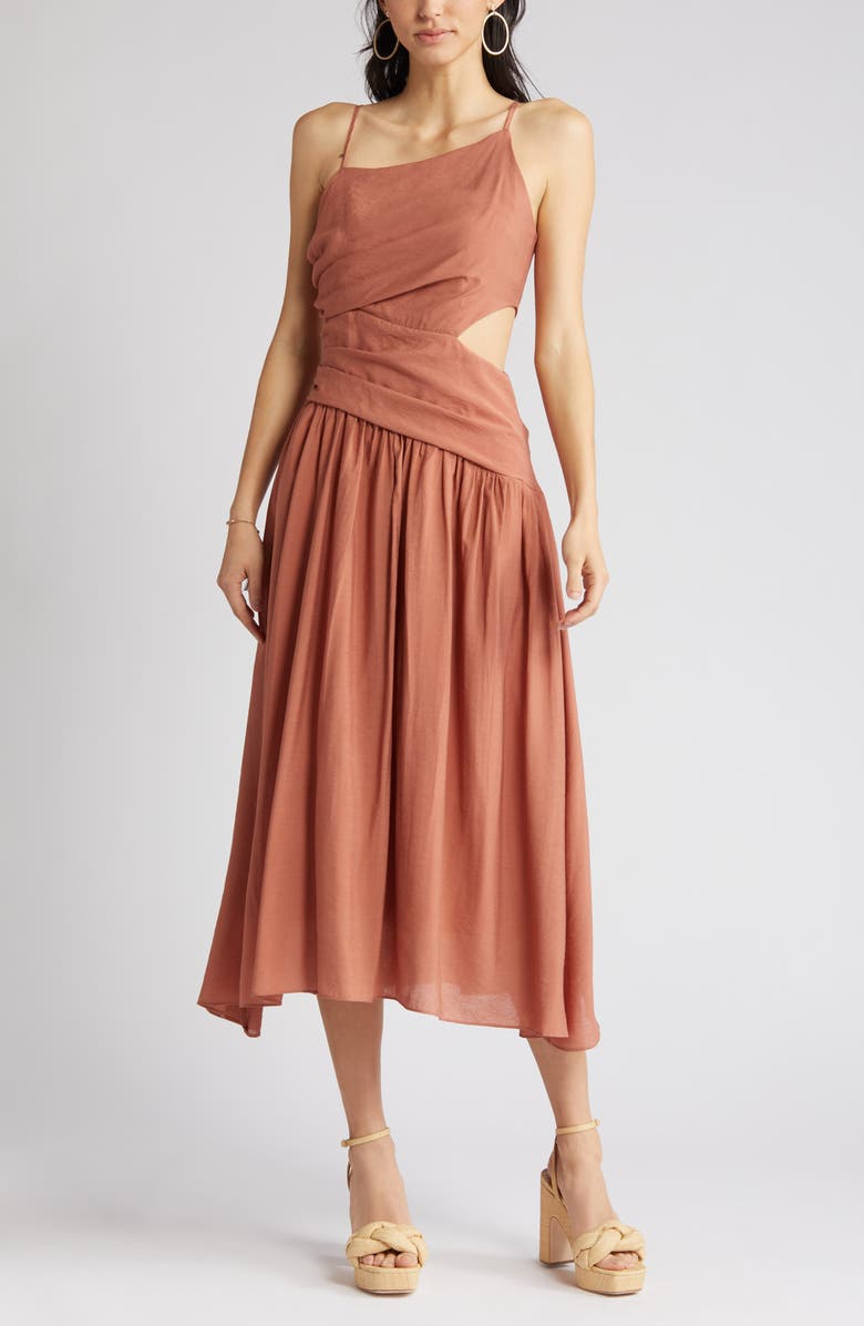 MOON RIVER Asymmetric Neck Cutout Midi Dress, Alternate, color, 