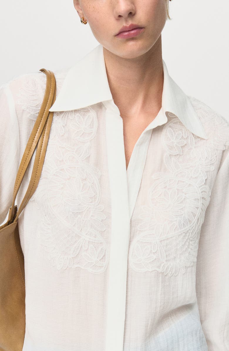 MANGO Lace Patch Long Sleeve Button-Up Shirt, Alternate, color, Off White