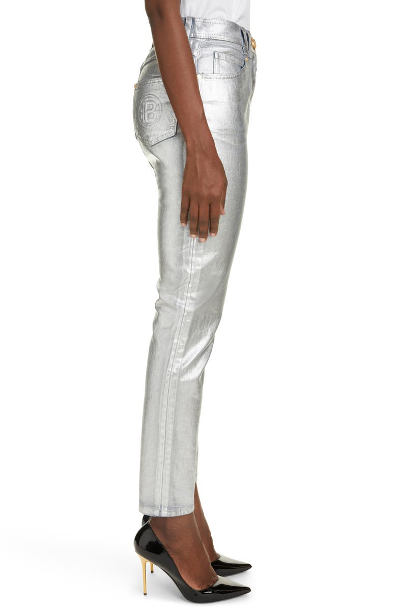 Balmain Metallic High Waist Slim Fit Jeans, Alternate, color, 