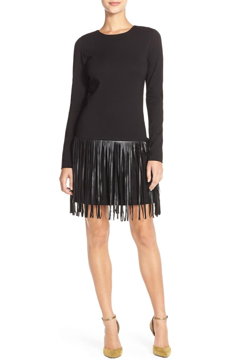'Colt' Faux Leather Fringe Ponte Drop-Waist Dress, Main, color, BLACK