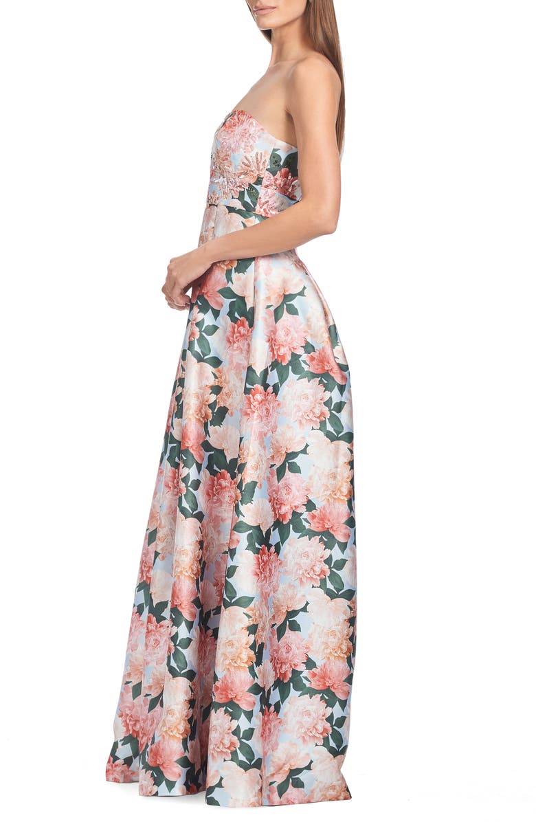 Sachin & Babi Giovanna Floral Print Strapless Gown, Alternate, color, Peach Peonies