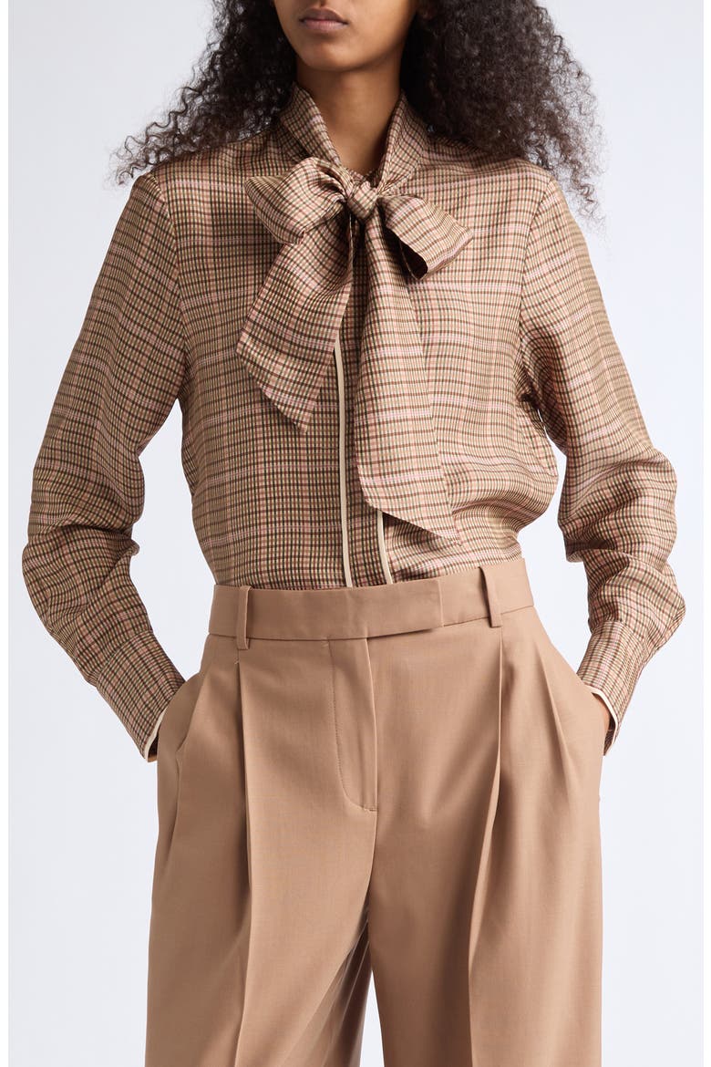 Minnie Plaid Tie Neck Shirt, Main, color, NEUTRAL