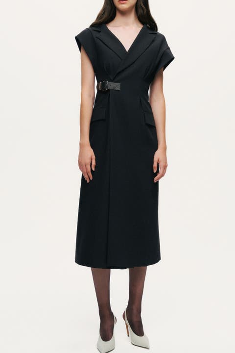 Tailored Buckle-Wrap Midi Dress