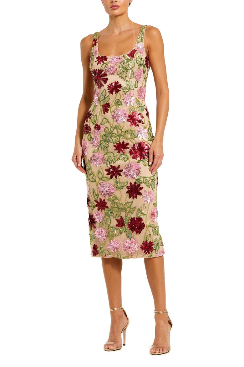 Women's Floral Beaded Mesh Scoop Neck Fitted Midi Dress, Main, color, Nude Multi