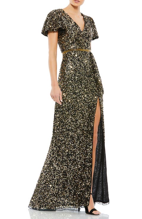 Sequined Wrap Over Butterfly Sleeve Draped Gown