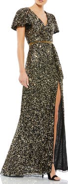 Mac Duggal Sequined Wrap Over Butterfly Sleeve Draped Gown
