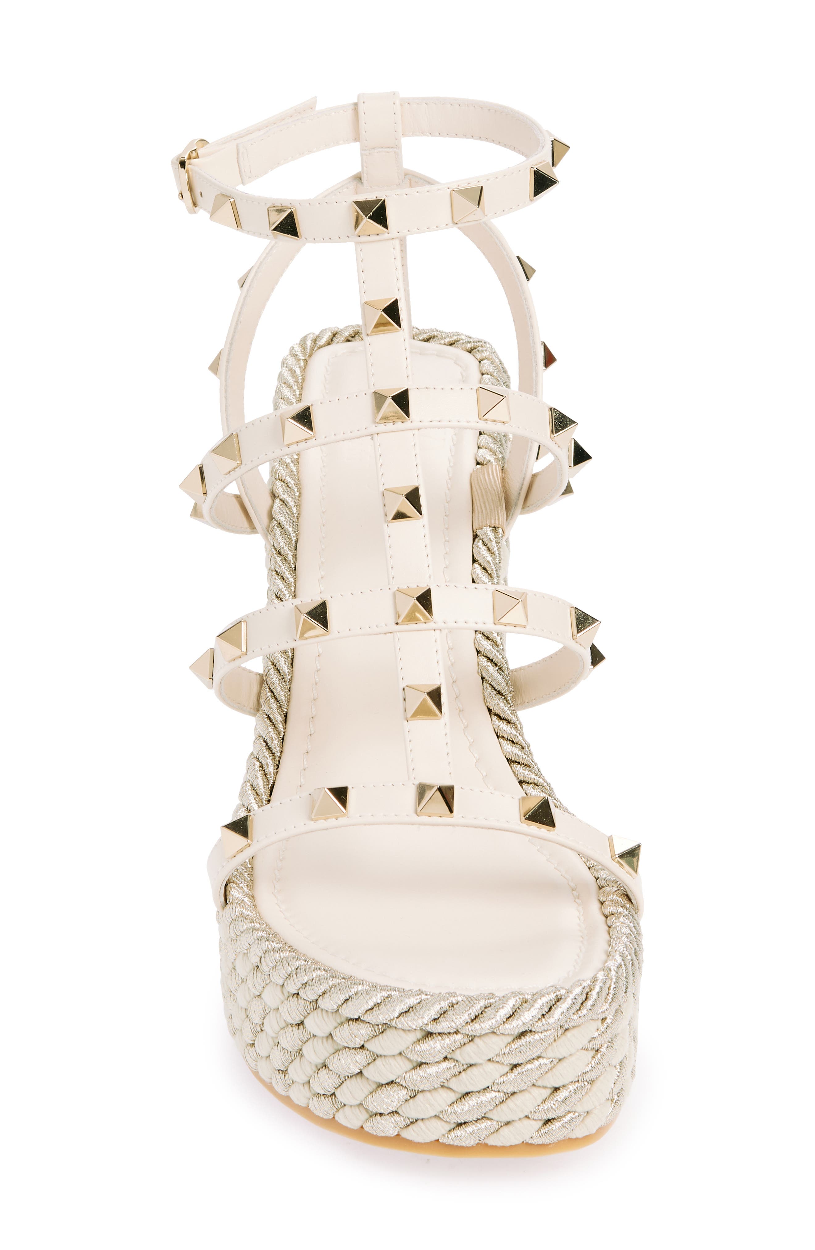 Valentino Garavani Rockstud Torchon Wedge Sandal, Alternate, color, Light Ivory