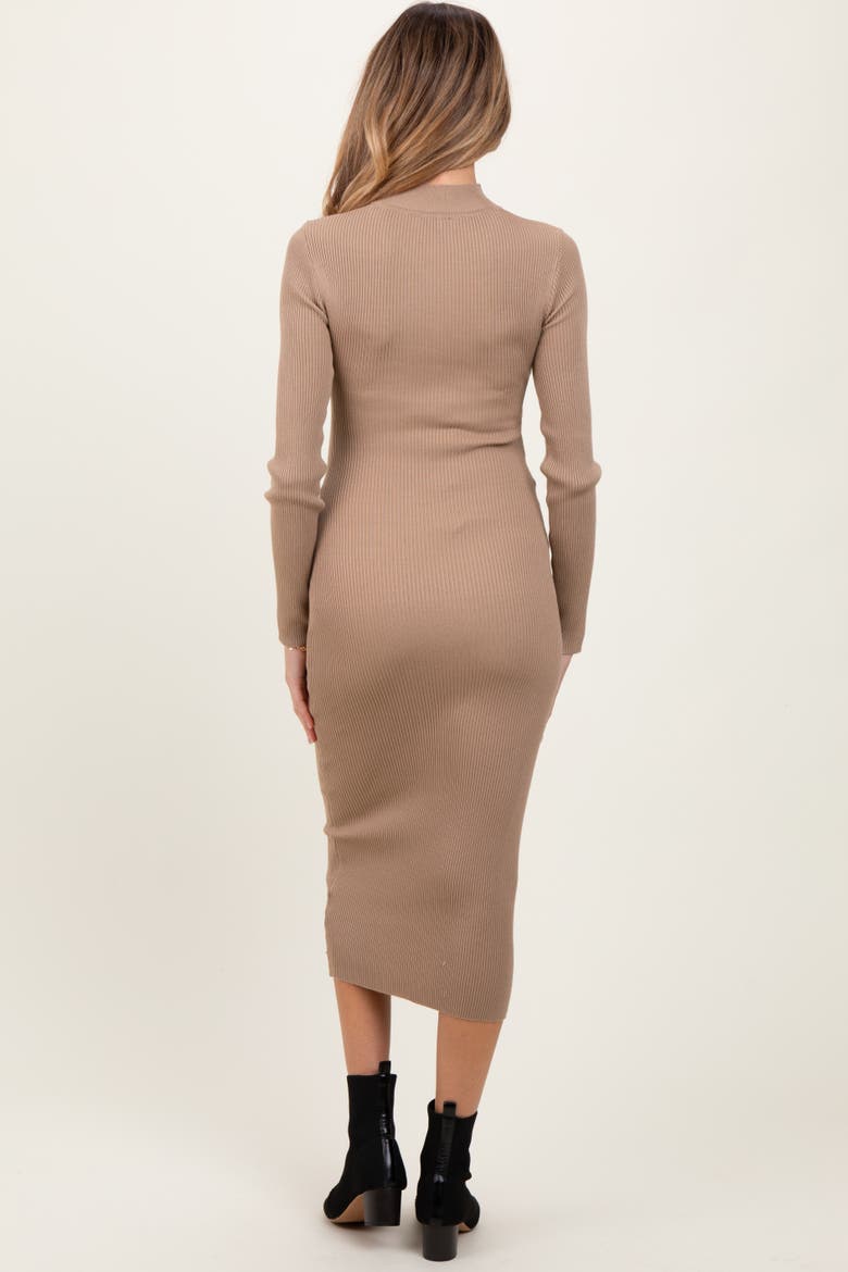 Mock Neck Fitted Ribbed Knit Midi Dress, Alternate, color, Taupe