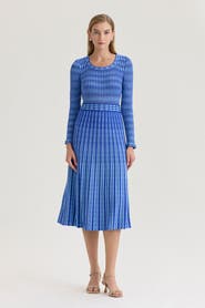 Ming Wang Linear Pointelle Lined Tonal Soft Knit Fit-N-Flare Midi Dress