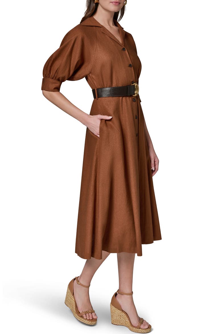 Linen Blend Midi Shirtdress, Alternate, color, COGNAC