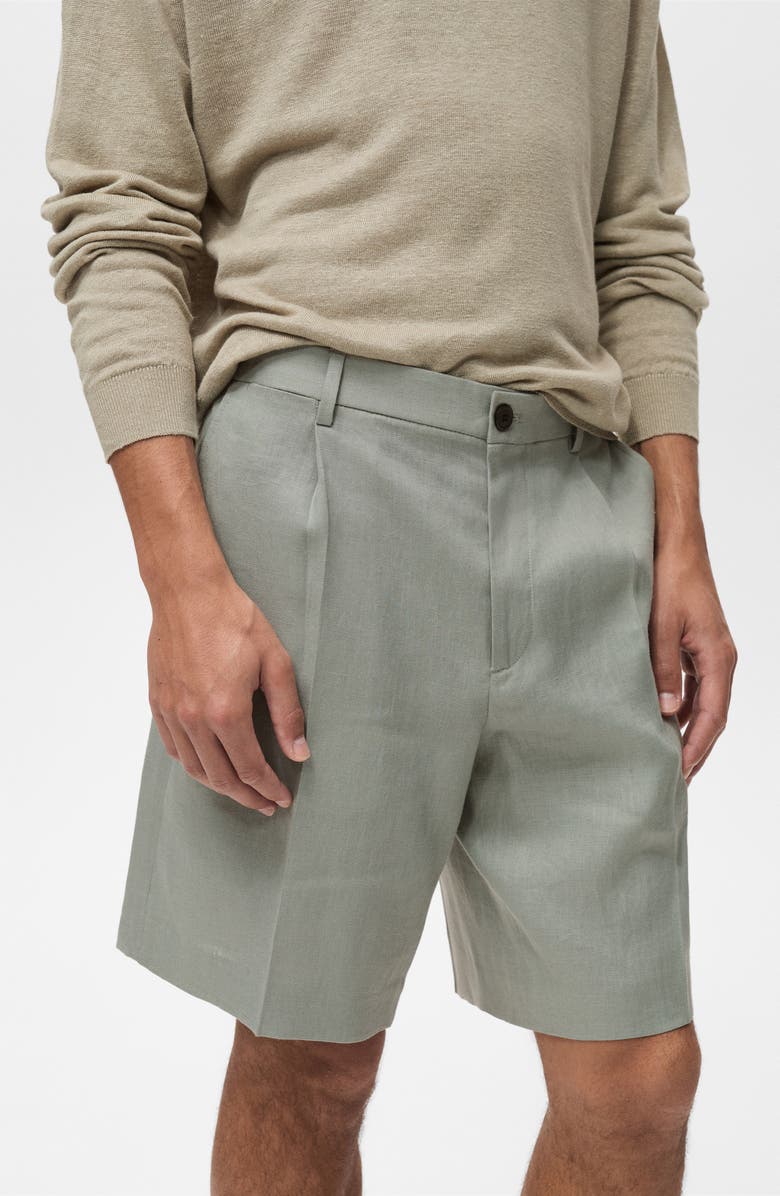 MANGO Pleated Linen Bermuda Shorts, Alternate, color, Aqua Green