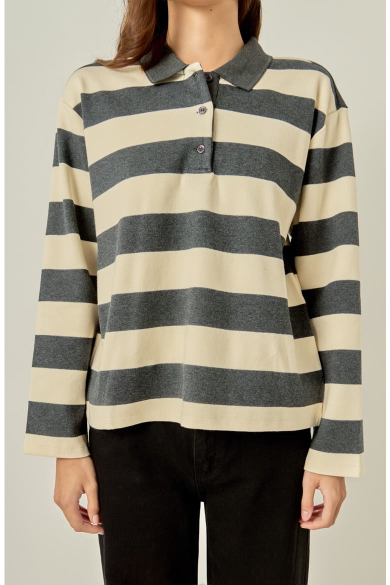 Striped Ribbed Cotton Blend Polo Shirt, Alternate, color, GREY/ CREAM