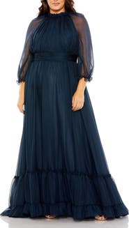 Mac Duggal Elegant Ruffled High Neck Gown with Sheer Sleeves and Pleated Cummerbund
