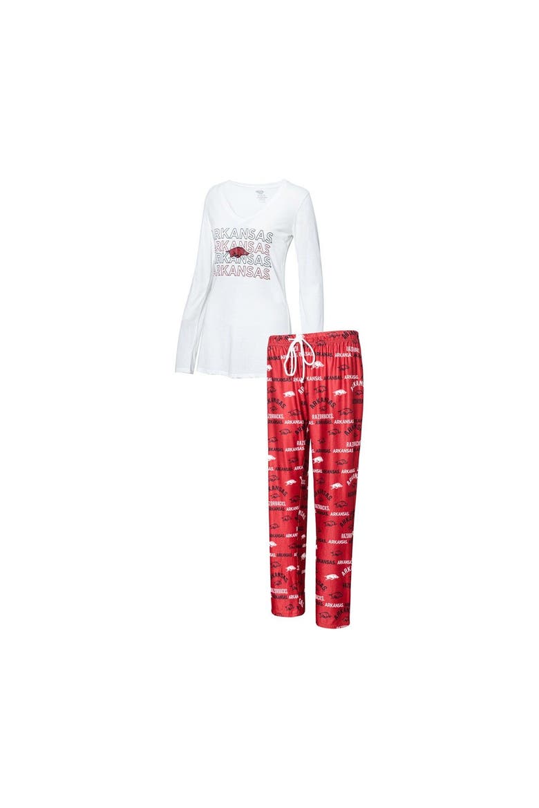 Women's Concepts Sport Cardinal/White Arkansas Razorbacks Breakthrough Allover Print Long Sleeve V-Neck T-Shirt and Pants Sleep Set, Alternate, color, Cardinal