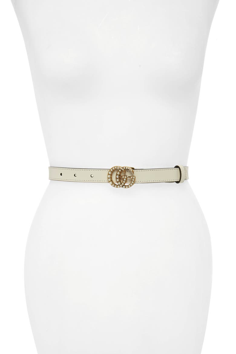 Imitation Pearl Logo Buckle Leather Skinny Belt, Main, color, MYSTIC WHITE/ CREAM