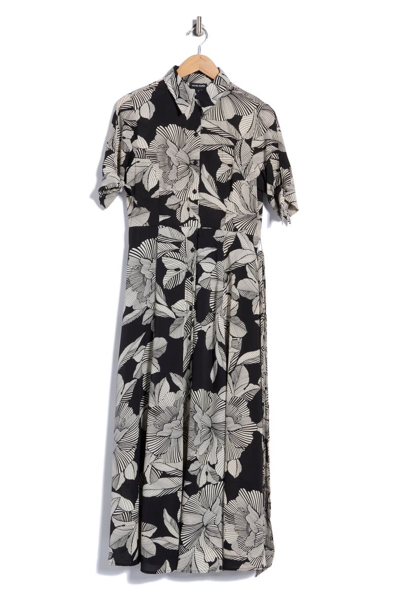 Floral Short Sleeve Tie Waist Shirtdress, Alternate, color, BLK/ TPE