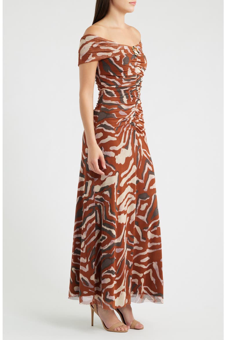 Off the Shoulder Mesh Dress, Alternate, color, BROWN MULT