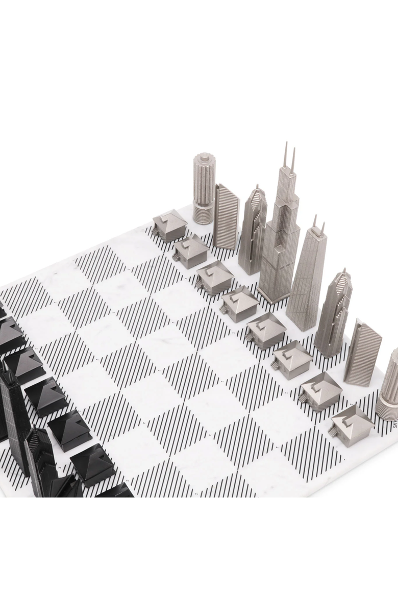 Chess Set Stainless Steel Chicago Edition with Marble Hatch Board, Alternate, color, White