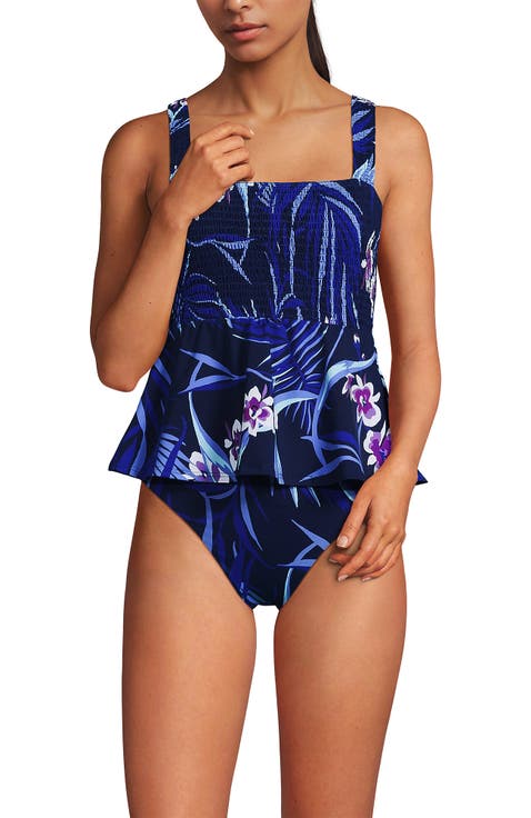 Smocked Tankini Top and High Waisted Bottoms Swimsuit Set