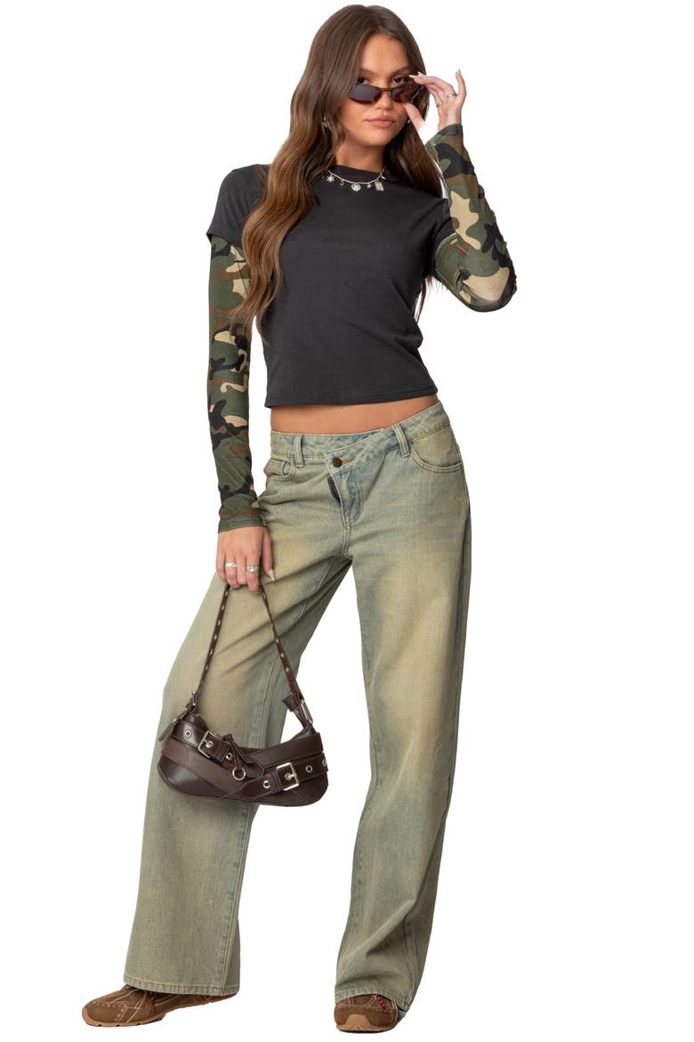 Camo Layered Long Sleeve Crop T-Shirt, Alternate, color, DARK-GRAY
