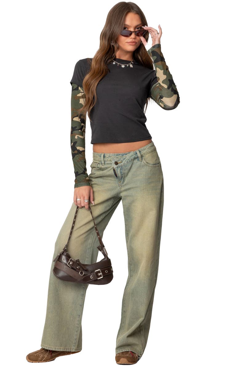 EDIKTED Camo Layered Long Sleeve Crop T-Shirt, Alternate, color, Dark-Gray