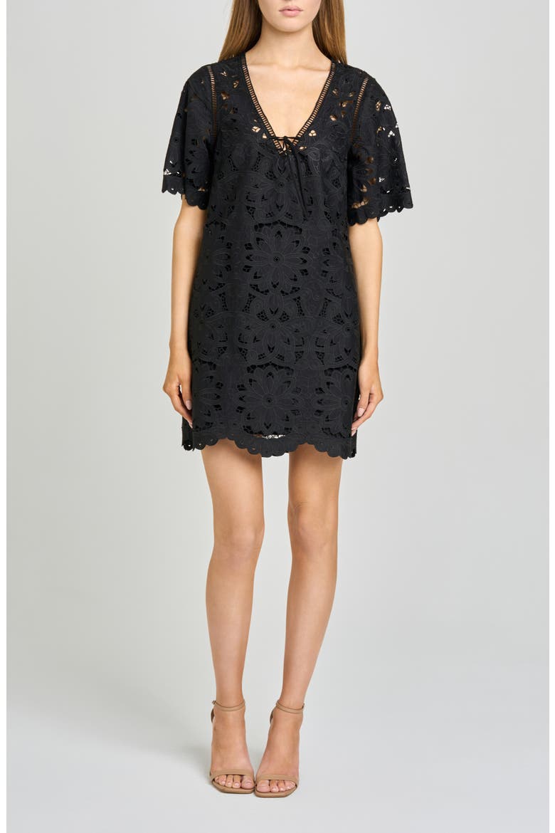 Kenzie Floral Embroidered Ladder Stitch Minidress, Main, color, BLACK
