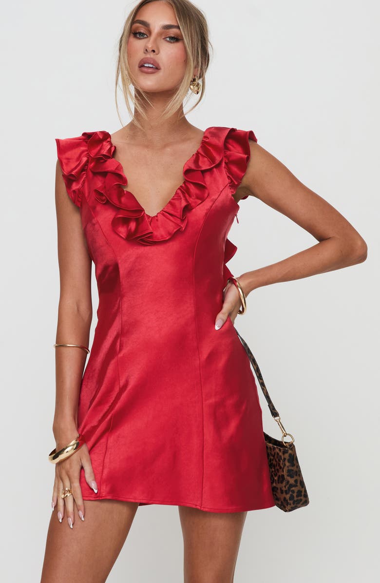 Princess Polly Butacup Ruffle Satin Minidress, Alternate, color, Red