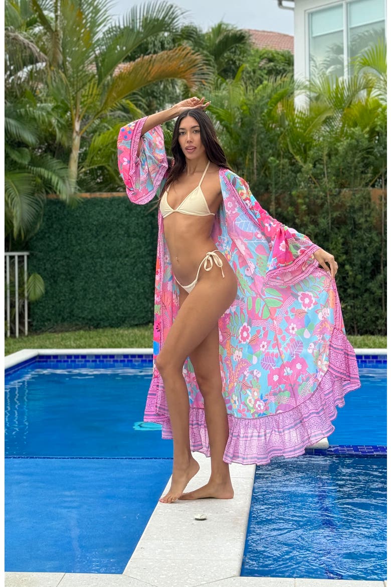 Floral Print Ruffle Woven Duster, Alternate, color, PINK